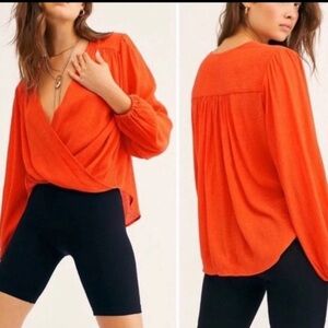 Free People Wrap Blouse – Boho Flowy V-Neck Top – Orange – Size S